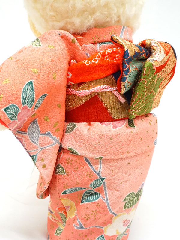 Stuffed Bear Wearing Kimono. 11.4" (29cm) made in Japan. Stuffed Animal Kimono Teddy Bear Doll. "Pink / Red"