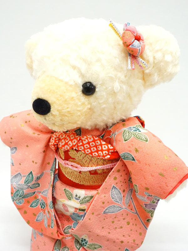 穿着和服的填充熊。11.4" (29cm) 日本制造。充填动物和服泰迪熊公仔。"粉红色/红色"