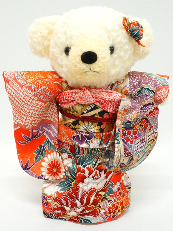 Oso de peluche con kimono. 11.4" (29cm) hecho en Japón. Muñeco de peluche con kimono. "Rojo / Mix"