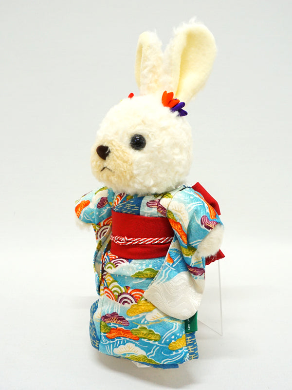 Чучело кролика в кимоно. 10,6" (27 см), сделано в Японии. Чучело животного Кимоно Плюшевый мишка Кролик Кукла Игрушка "Светло-голубой / красный"