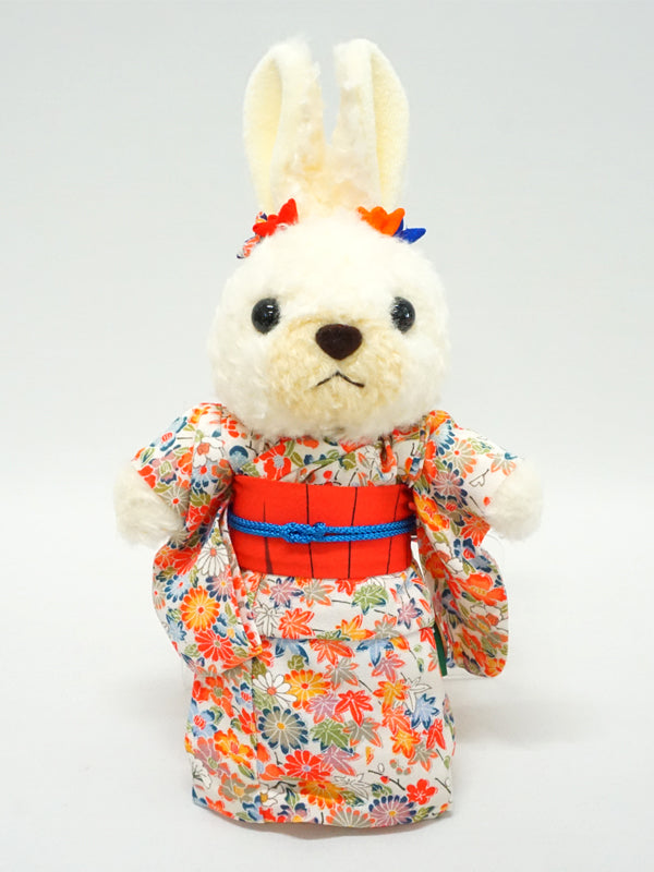 穿着和服的填充兔子。10.6" (27cm) 日本制造。填充动物和服泰迪熊兔子娃娃玩具 "象牙色/橙色"