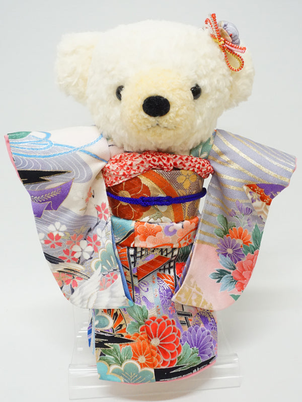 Stuffed Bear Wearing Kimono. 11.4" (29cm) made in Japan. Stuffed Animal Kimono Teddy Bear Doll. "Mix / Blue"