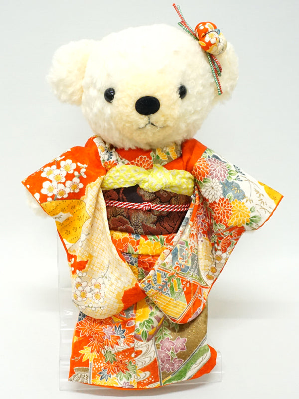 穿着和服的填充熊。11.4" (29cm) 日本制造。填充动物和服泰迪熊公仔。"红色/黄色"