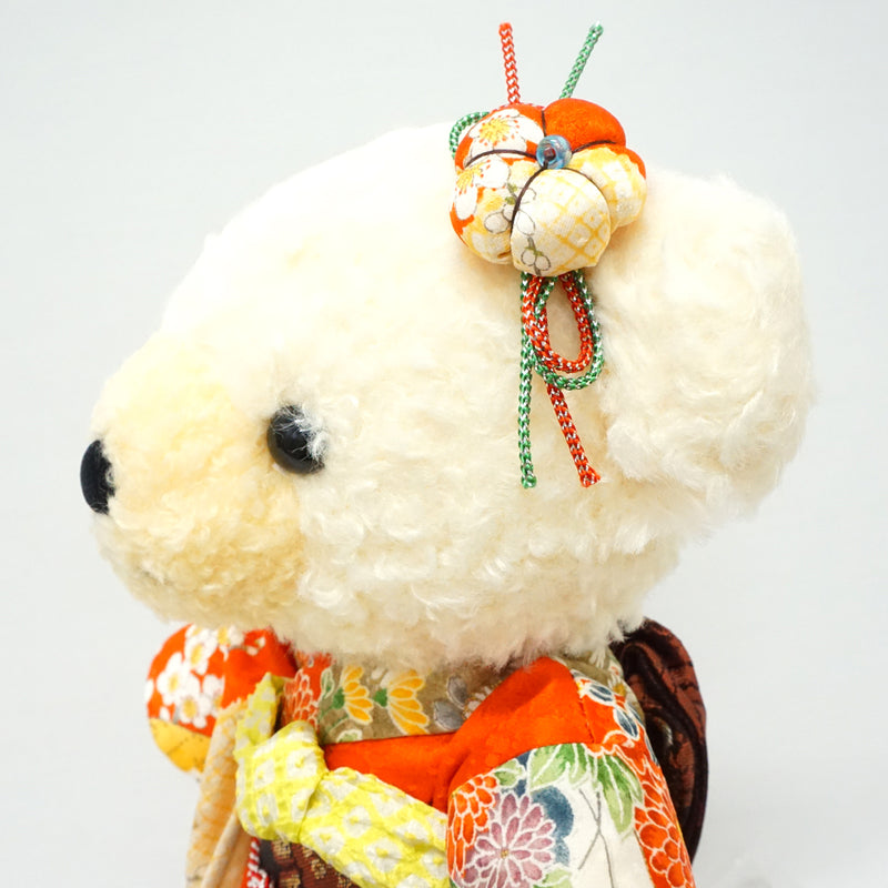 Чучело медведя в кимоно. 11,4" (29 см), сделано в Японии. Фаршированное животное Кукла Мишка в кимоно. "Красный / желтый"