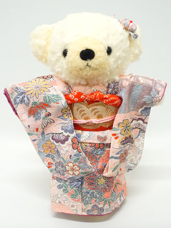 Oso de peluche con kimono. 11.4" (29cm) hecho en Japón. Muñeco de peluche con kimono. "Rosa claro"