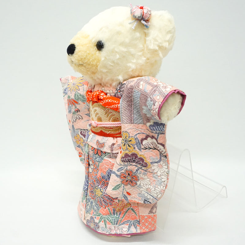 穿着和服的填充熊。11.4" (29cm) 日本制造。充填动物和服泰迪熊公仔。"浅粉色"