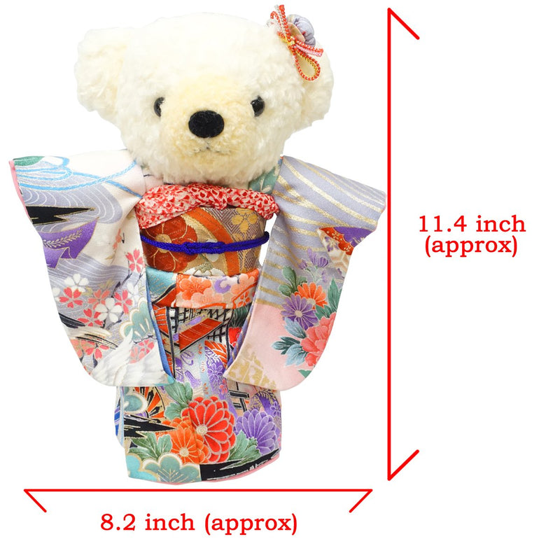 Ours en peluche portant un kimono. 29 cm (11.4") fabriqué au Japon. Poupée ourson en peluche portant un kimono. "Mix / Bleu"