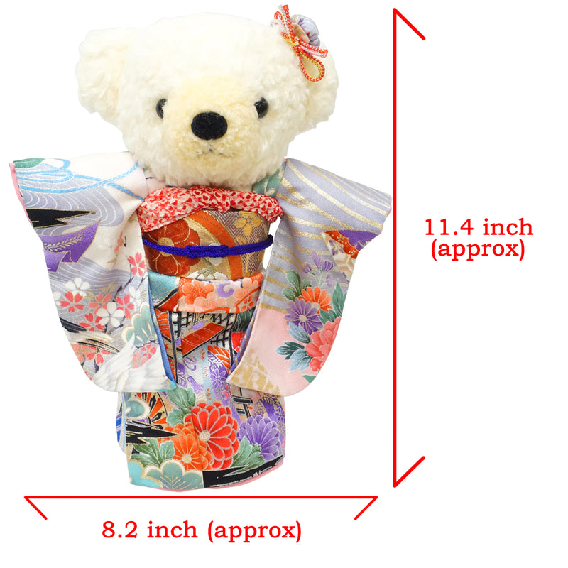 Чучело медведя в кимоно. 11,4" (29 см), сделано в Японии. Фаршированное животное Кукла Мишка в кимоно. "Красный / микс"