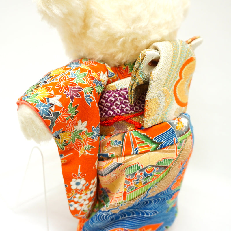 Stuffed Bear Wearing Kimono. 11.4" (29cm) made in Japan. Stuffed Animal Kimono Teddy Bear Doll. "Orange / Mix"