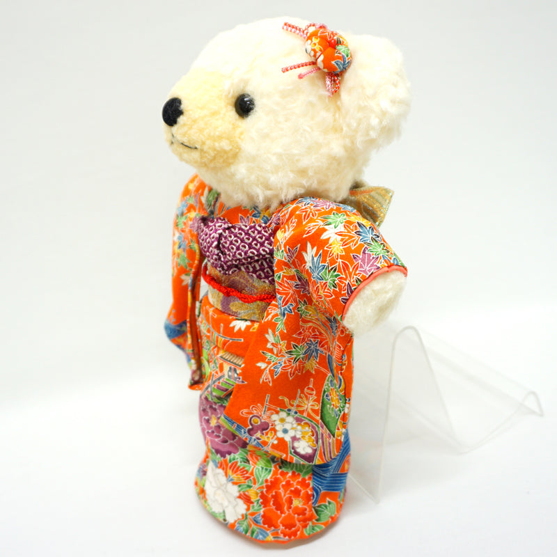 Orso di peluche che indossa il kimono. 29 cm (11,4"), prodotto in Giappone. Bambola orsetto di peluche con kimono. "Arancione / Mix"