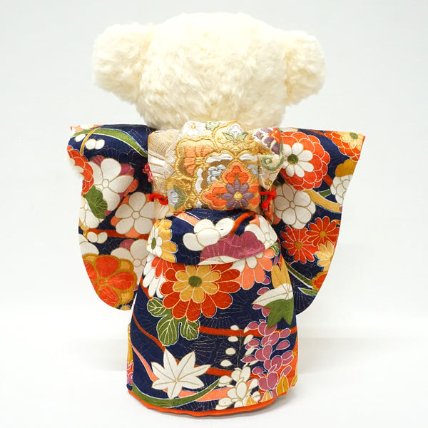 Oso de peluche con kimono. 11.4" (29cm) hecho en Japón. Muñeco de peluche con kimono. "Azul Marino/Mezcla"