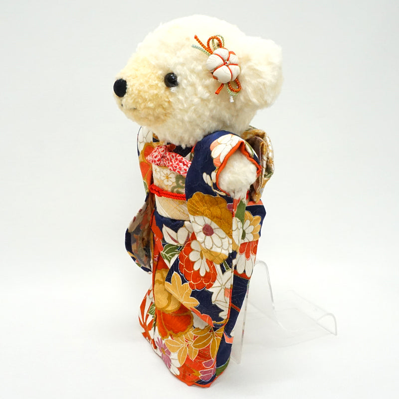 Ours en peluche portant un kimono. 29 cm (11.4") fabriqué au Japon. Poupée ourson en peluche portant un kimono. "Bleu marine / Mélange"
