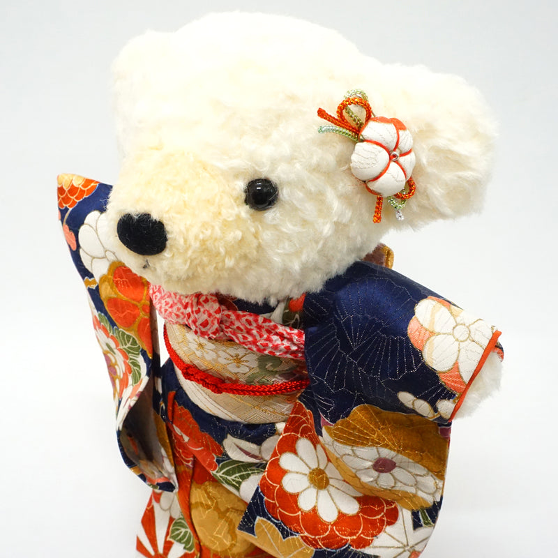 Orso di peluche che indossa il kimono. 29 cm (11,4"), prodotto in Giappone. Bambola orsetto di peluche con kimono. "Blu navy / misto"
