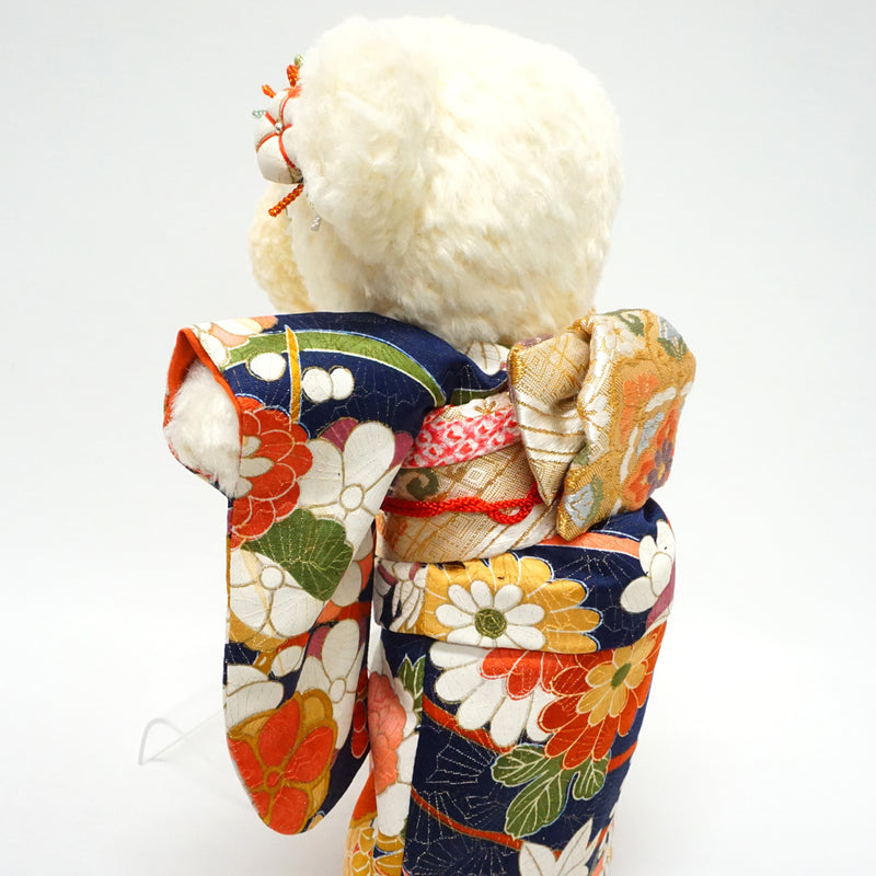 Ours en peluche portant un kimono. 29 cm (11.4") fabriqué au Japon. Poupée ourson en peluche portant un kimono. "Bleu marine / Mélange"