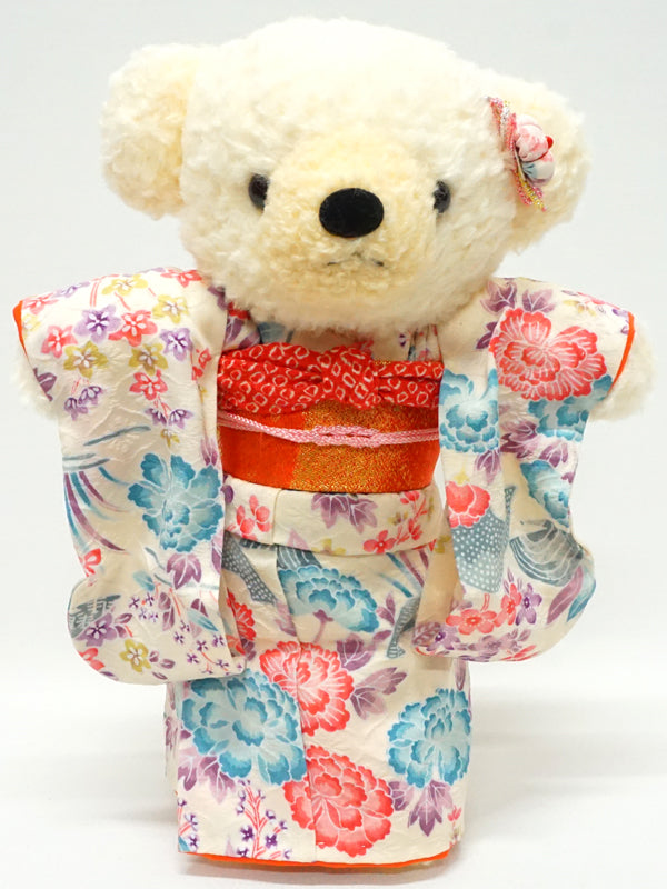 Ours en peluche portant un kimono. 29 cm (11.4") fabriqué au Japon. Poupée ourson en peluche portant un kimono. "Ivoire / Orange"