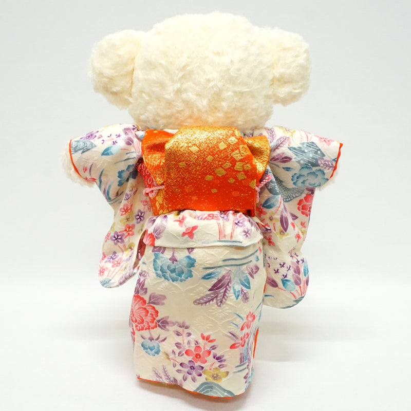 Ours en peluche portant un kimono. 29 cm (11.4") fabriqué au Japon. Poupée ourson en peluche portant un kimono. "Ivoire / Orange"