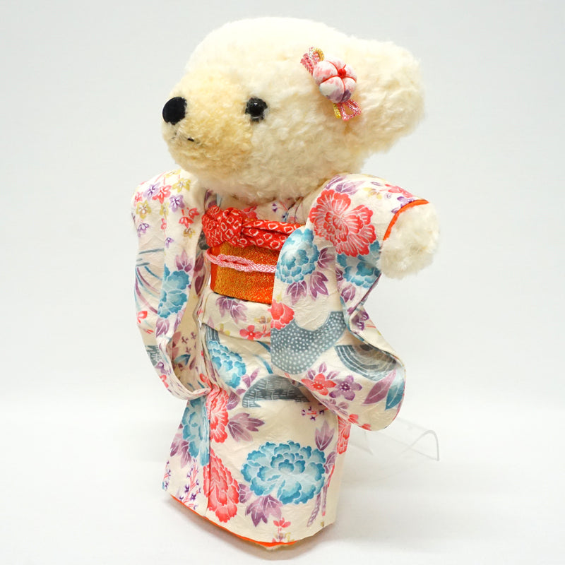 Чучело медведя в кимоно. 11,4" (29 см), сделано в Японии. Фаршированное животное Кукла Мишка в кимоно. "Слоновая кость / оранжевый"