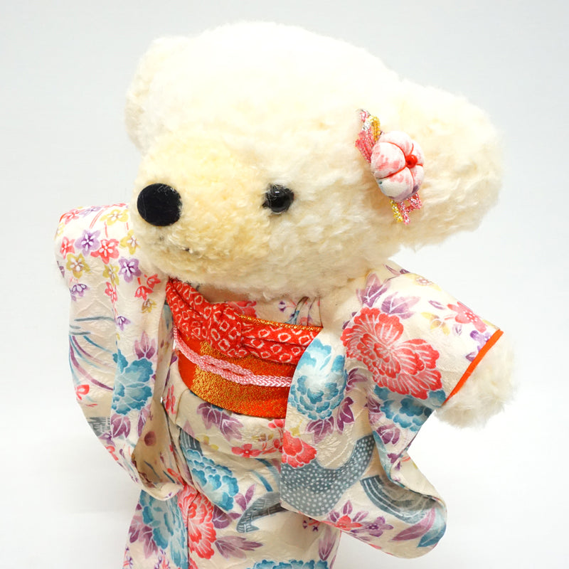 穿着和服的填充熊。11.4" (29cm) 日本制造。填充动物和服泰迪熊公仔。"象牙色/橙色"