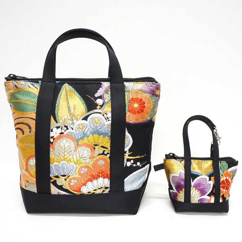 Hand bag with mini bag charm made of high grade OBI. made in Japan. Bags for Ladies, one of a kind "Multicolor"