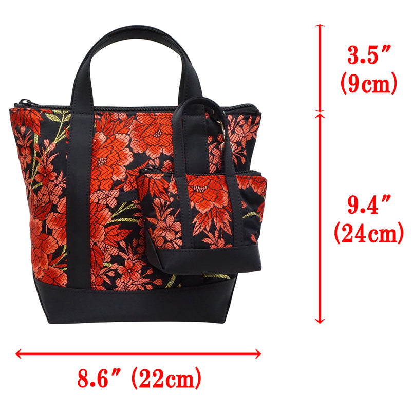 Handtasche mit Mini-Taschenanhänger aus hochwertigem OBI. Hergestellt in Japan. Taschen für Damen, Unikat &quot;Japanische Blumen&quot;