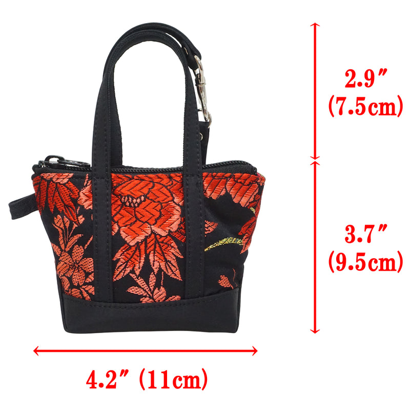Hand bag with mini bag charm made of high grade OBI. made in Japan. Bags for Ladies, one of a kind "Red"