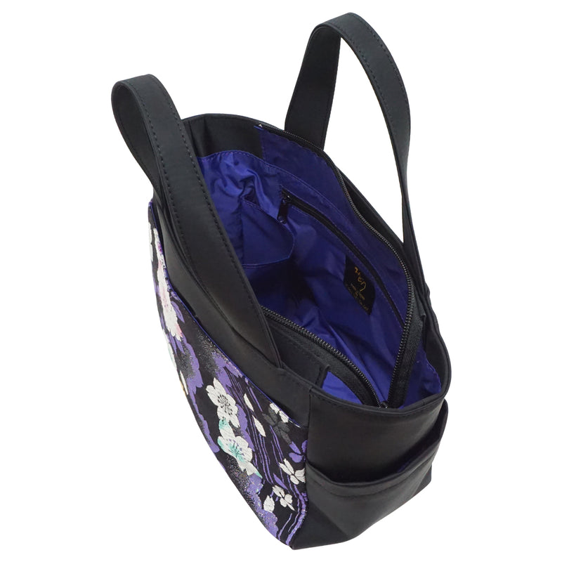Hand bag with mini bag charm made of high grade OBI. made in Japan. Bags for Ladies, one of a kind "Black / Purple"