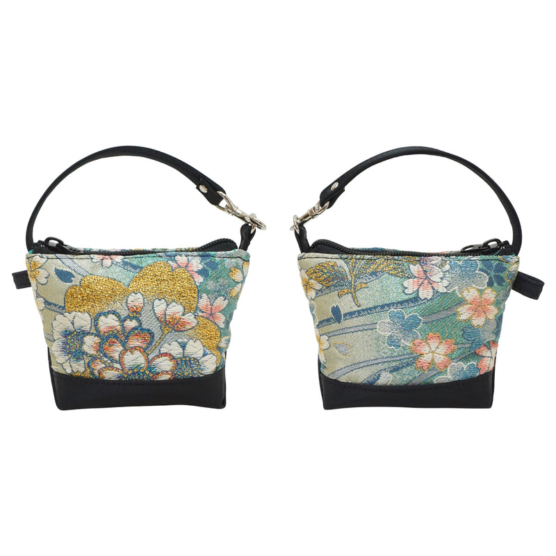 Hand bag with mini bag charm made of high grade OBI. made in Japan. Bags for Ladies, one of a kind "Turquoise blue / Cherry Blossoms"