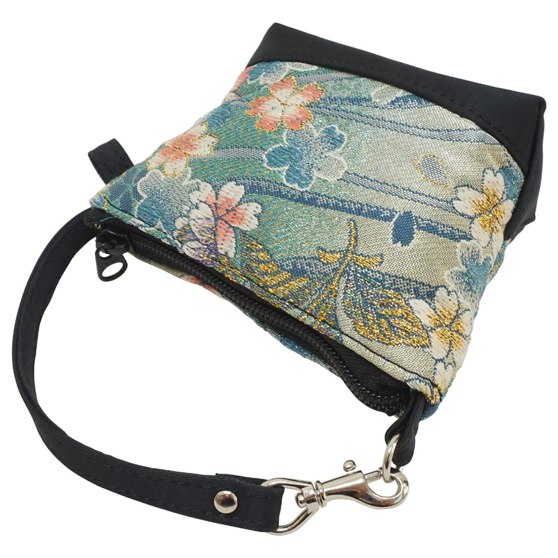 Hand bag with mini bag charm made of high grade OBI. made in Japan. Bags for Ladies, one of a kind "Turquoise blue / Cherry Blossoms"