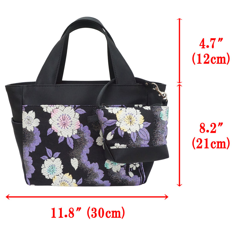 高級帯を使用したミニバッグチャーム付きハンドバッグ。日本製。バッグ レディース 一点物 "ターコイズブルー／桜"