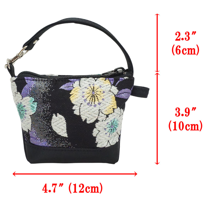 Hand bag with mini bag charm made of high grade OBI. made in Japan. Bags for Ladies, one of a kind "Black / Purple"