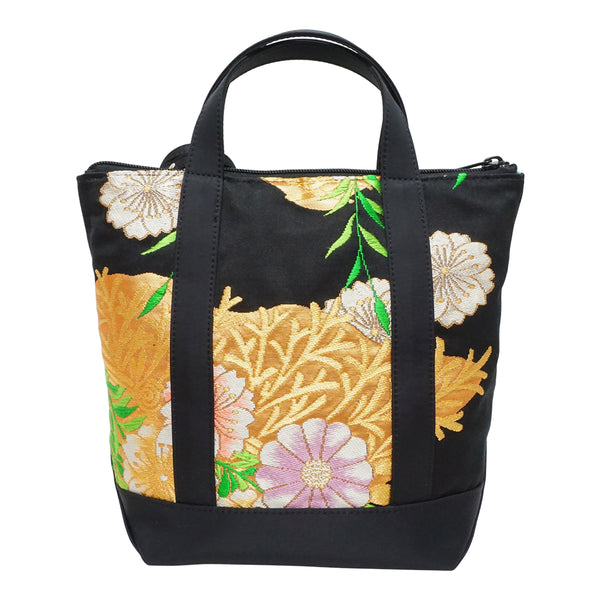 Hand bag with mini bag charm made of high grade OBI. made in Japan. Bags for Ladies, one of a kind "Japanese Flowers"