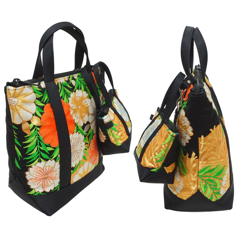 Hand bag with mini bag charm made of high grade OBI. made in Japan. Bags for Ladies, one of a kind "Japanese Flowers"