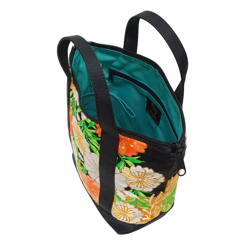 高級帯を使ったミニバッグチャーム付きハンドバッグ。日本製。バッグ レディース 一点もの "和の花"