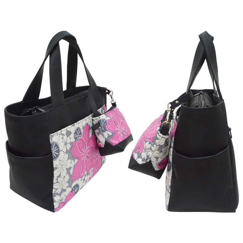 Sac à main avec mini-sac à breloques en OBI de haute qualité. Fabriqué au Japon. Sacs pour dames, uniques en leur genre "Cherry Blossoms / Pink / White".