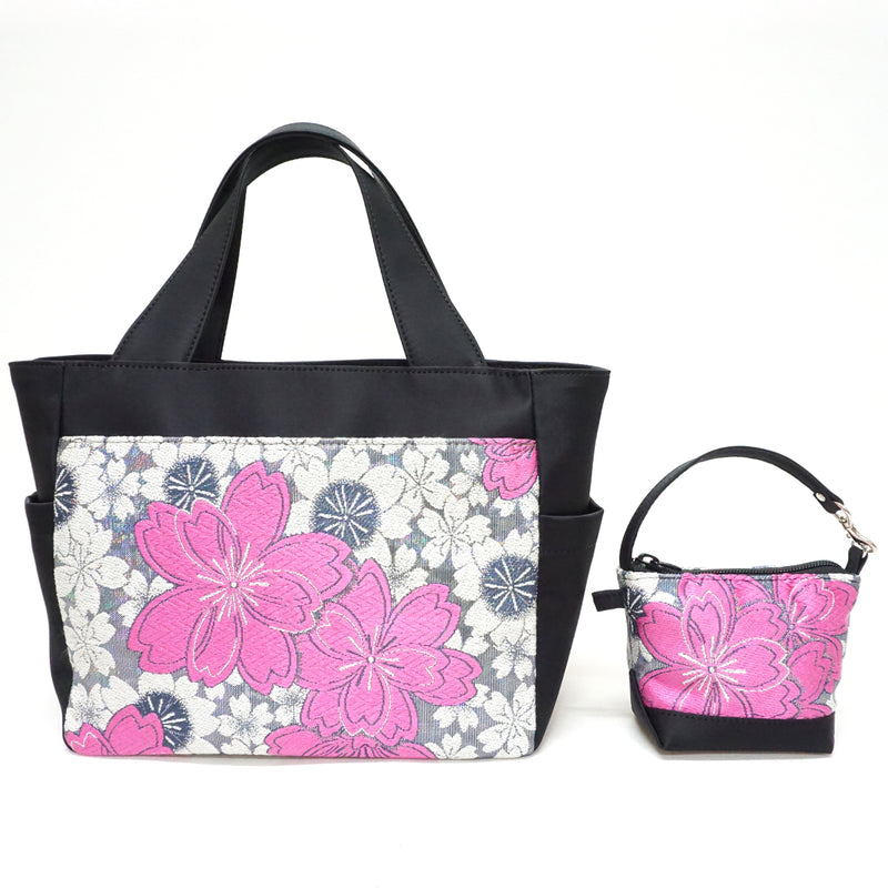 Handtasche mit Mini-Taschenanhänger aus hochwertigem OBI. Hergestellt in Japan. Taschen für Damen, Unikat &quot;Kirschblüten / Rosa / Weiß&quot;