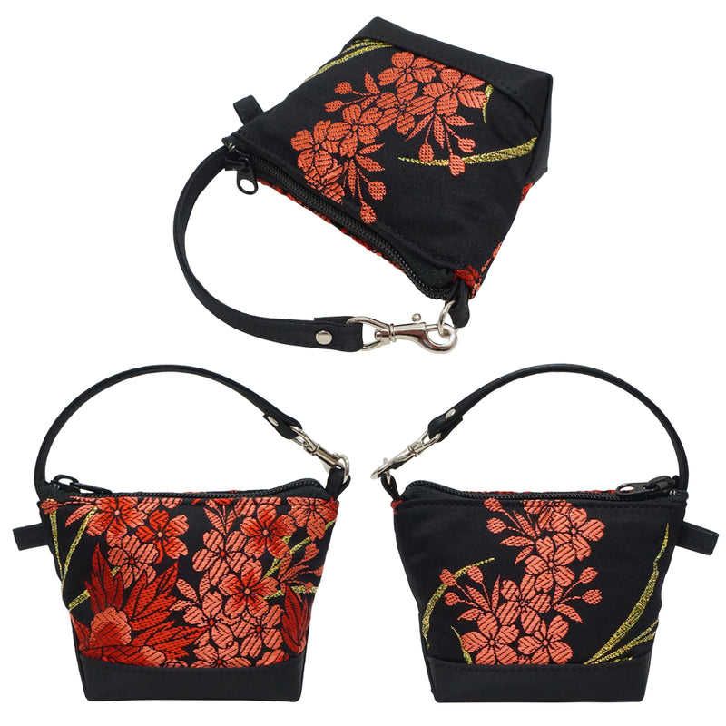 Hand bag with mini bag charm made of high grade OBI. made in Japan. Bags for Ladies, one of a kind "Red-A type"
