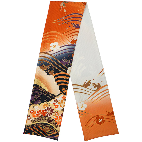 KIMONO围巾。日本图案的女性披肩，日本制造的女士。"橙色/白色/黑色"