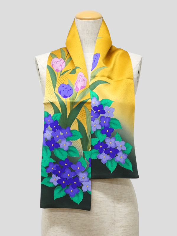 KIMONO scarf. Japanese pattern shawl for women, Ladies made in Japan. "Tulip / Hydrangea"