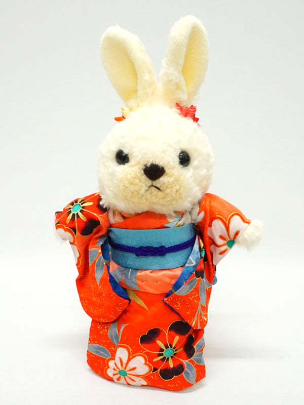 穿着和服的填充兔子。10.6" (27cm) 日本制造。填充动物和服泰迪熊兔子娃娃玩具 "红色/浅蓝色"