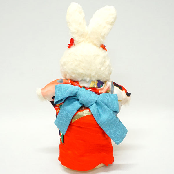 Conejo de peluche con kimono. 10.6" (27cm) hecho en Japón. Peluche Kimono Oso de peluche Conejo Juguetes "Rojo / Azul claro"