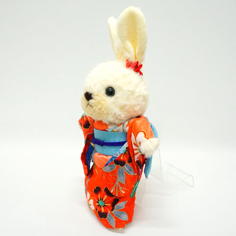 Conejo de peluche con kimono. 10.6" (27cm) hecho en Japón. Peluche Kimono Oso de peluche Conejo Juguetes "Rojo / Azul claro"