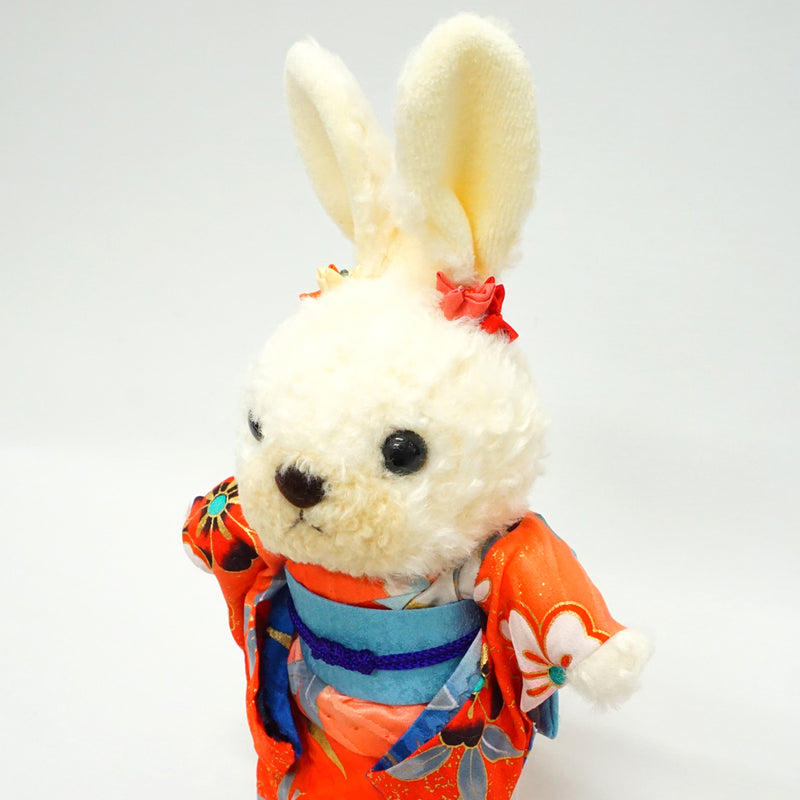 着物を着たうさぎのぬいぐるみ。10.6インチ(27cm) 日本製。ぬいぐるみ 着物 テディベア ウサギ 人形 おもちゃ "レッド/ライトブルー"