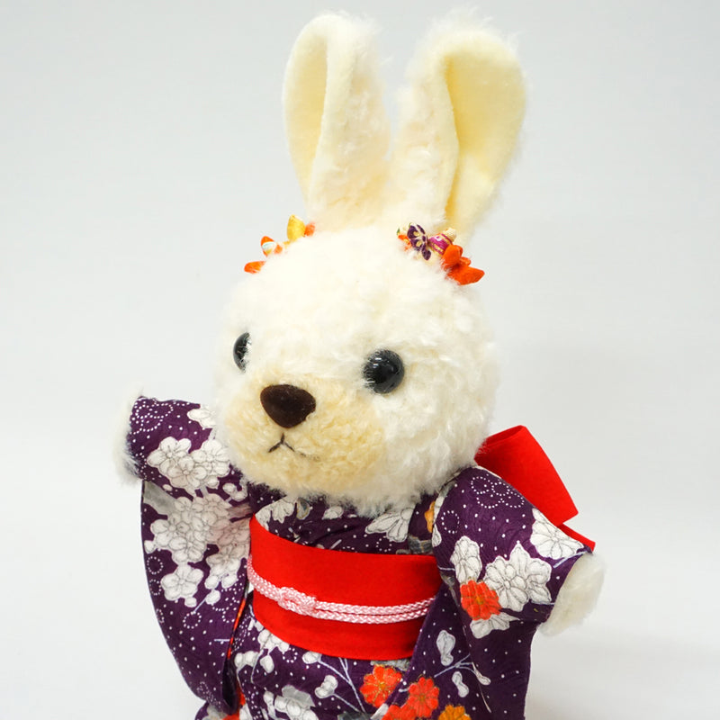 Stuffed Bunny Wearing Kimono. 10.6" (27cm) made in Japan. Stuffed Animal Kimono Teddy Bear Rabbit Doll Toys "Plum / Red"