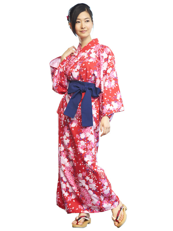 日本製の帯付き浴衣です。みどり浴衣 "赤桜／あかざくら"