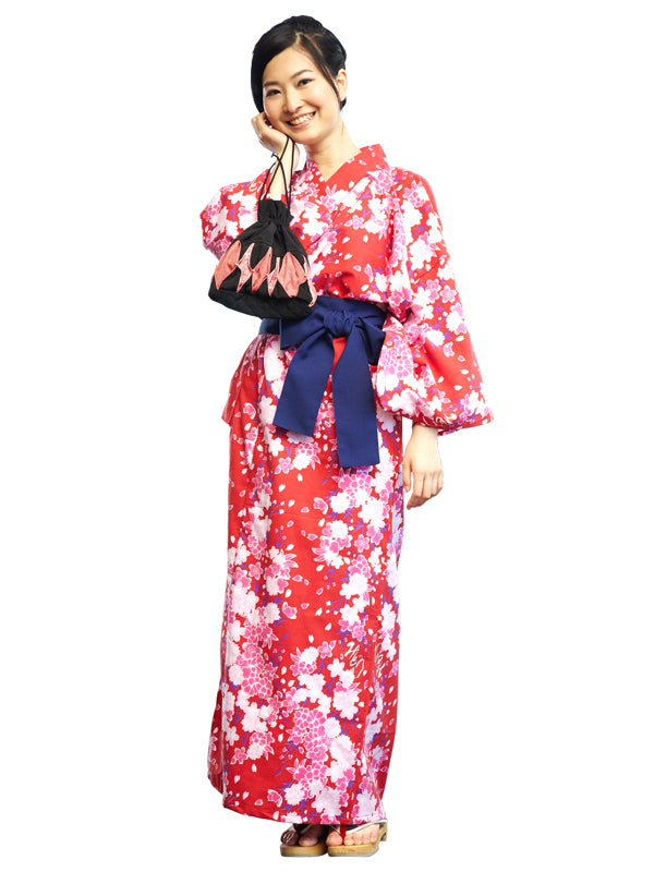 サッシュベルト付きの浴衣です。日本製。みどり浴衣「Red Cherry Blossoms/赤桜」