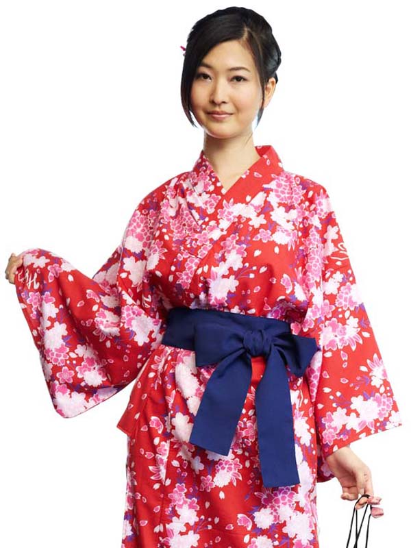 サッシュベルト付きの浴衣です。日本製。みどり浴衣「Red Cherry Blossoms/赤桜」