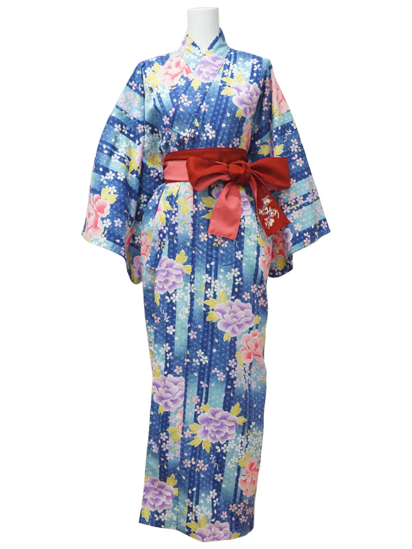 YUKATA superfino con cinturón de faja. Hecho en Japón. Midori Yukata "Blue Peony/青牡丹"