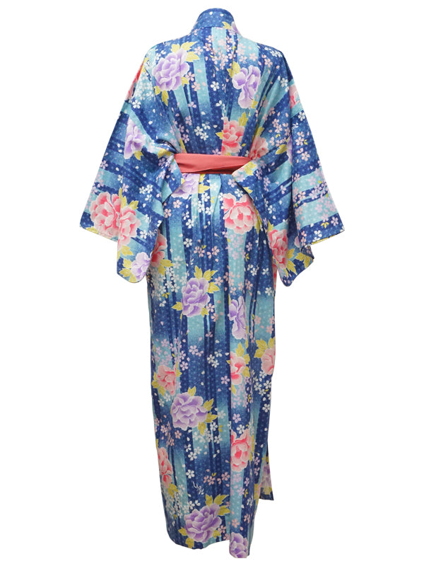 YUKATA superfino con cinturón de faja. Hecho en Japón. Midori Yukata "Blue Peony/青牡丹"