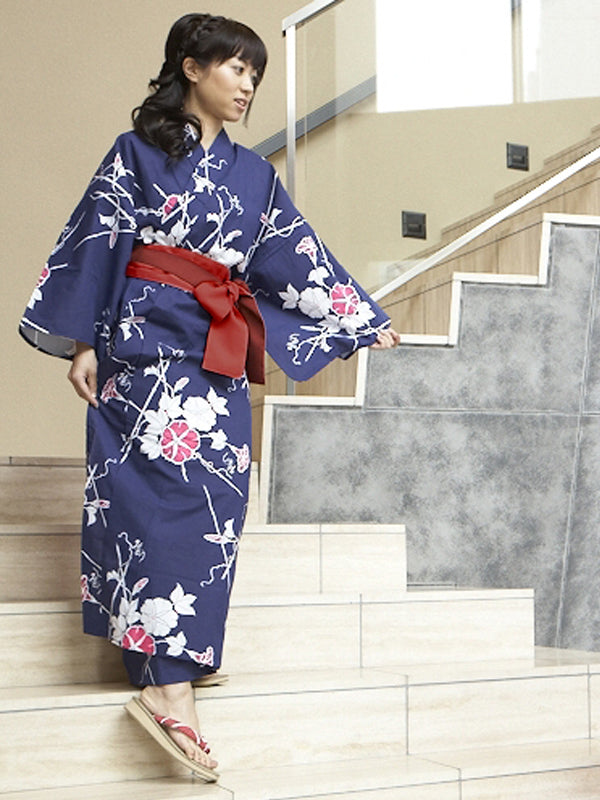 YUKATA con cintura a fascia. made in Japan. Midori Yukata "Blu marino Morning Glory / 紺朝顔"