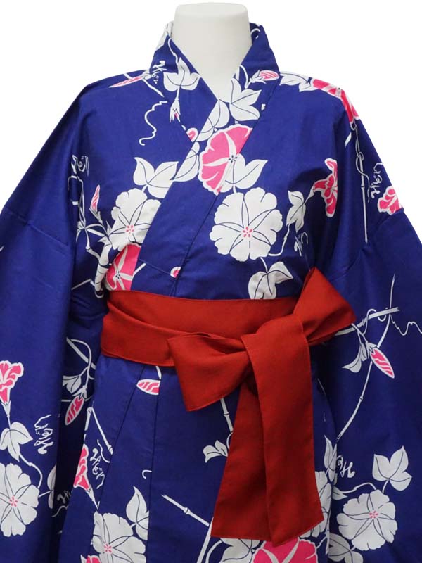 YUKATA con cinturón de faja. Hecho en Japón. Midori Yukata "Azul marino Morning Glory / 紺朝顔"
